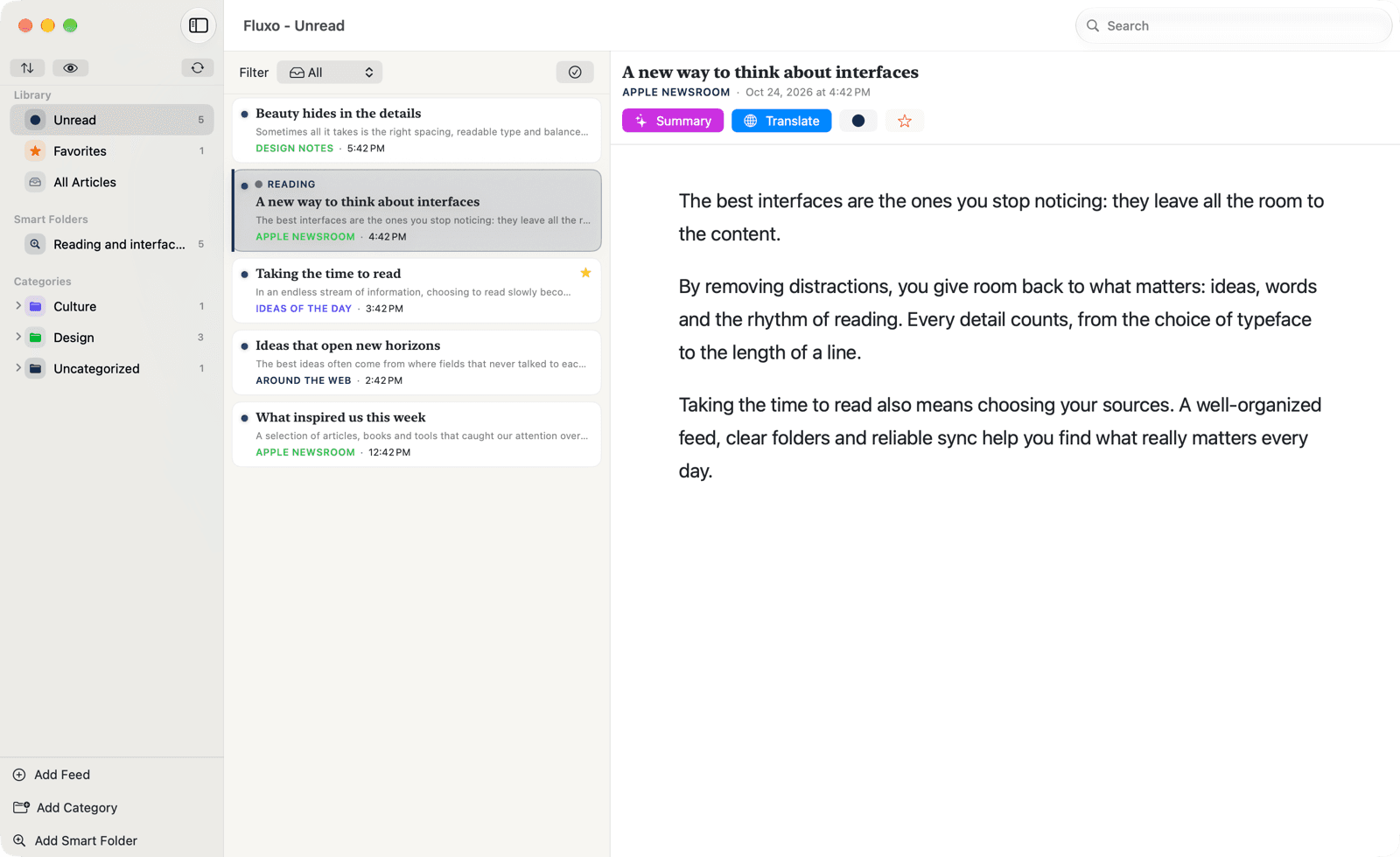 The Fluxo Reader window on Mac.