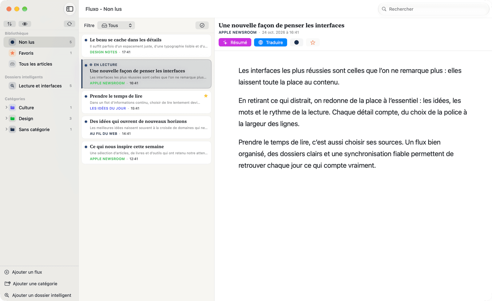 La fenêtre de Fluxo Reader sur Mac.