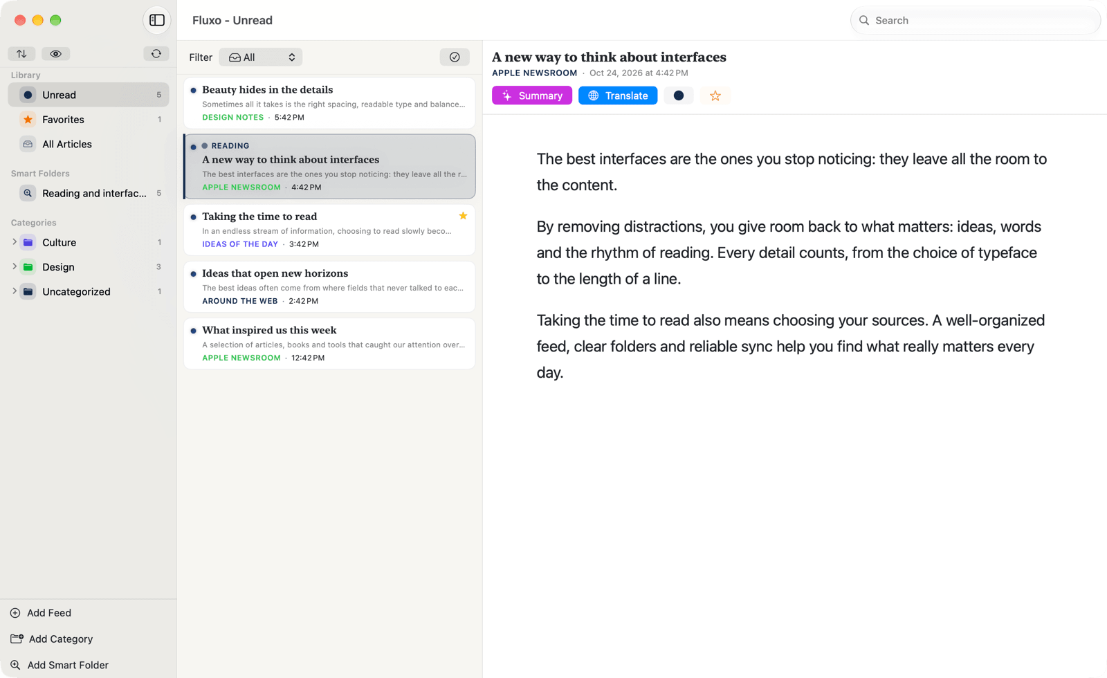 The Fluxo Reader window on Mac.