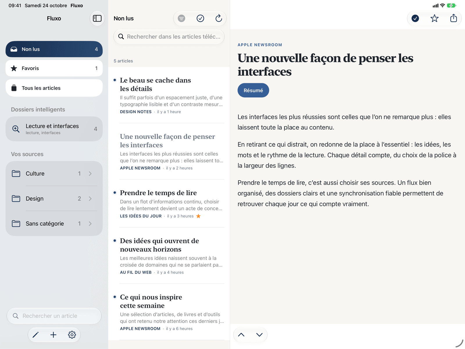 La bibliothèque en trois colonnes de Fluxo Reader sur iPad.